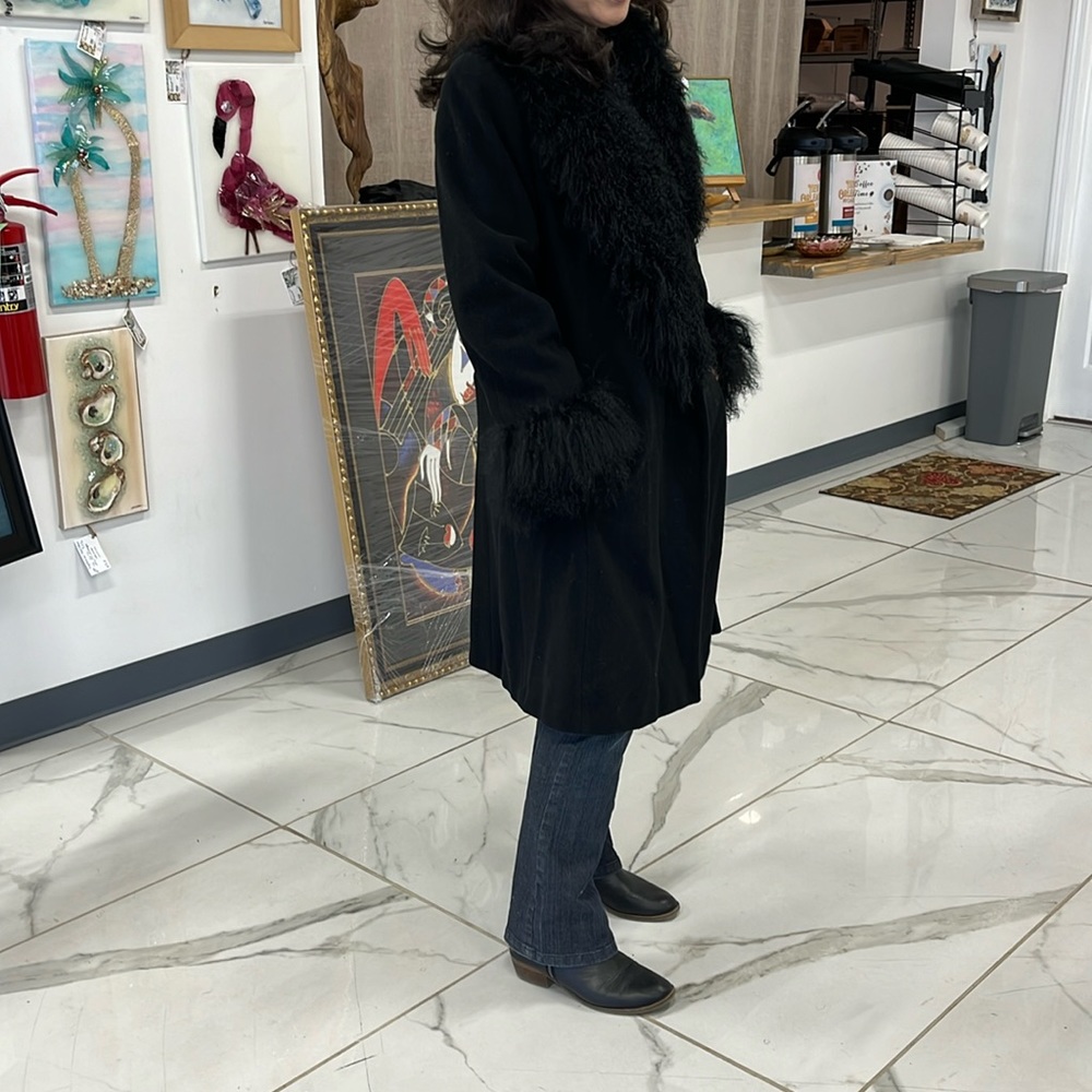 Black 100% Lambswool Coat with Mongolian Sheepskin collar and cuffs